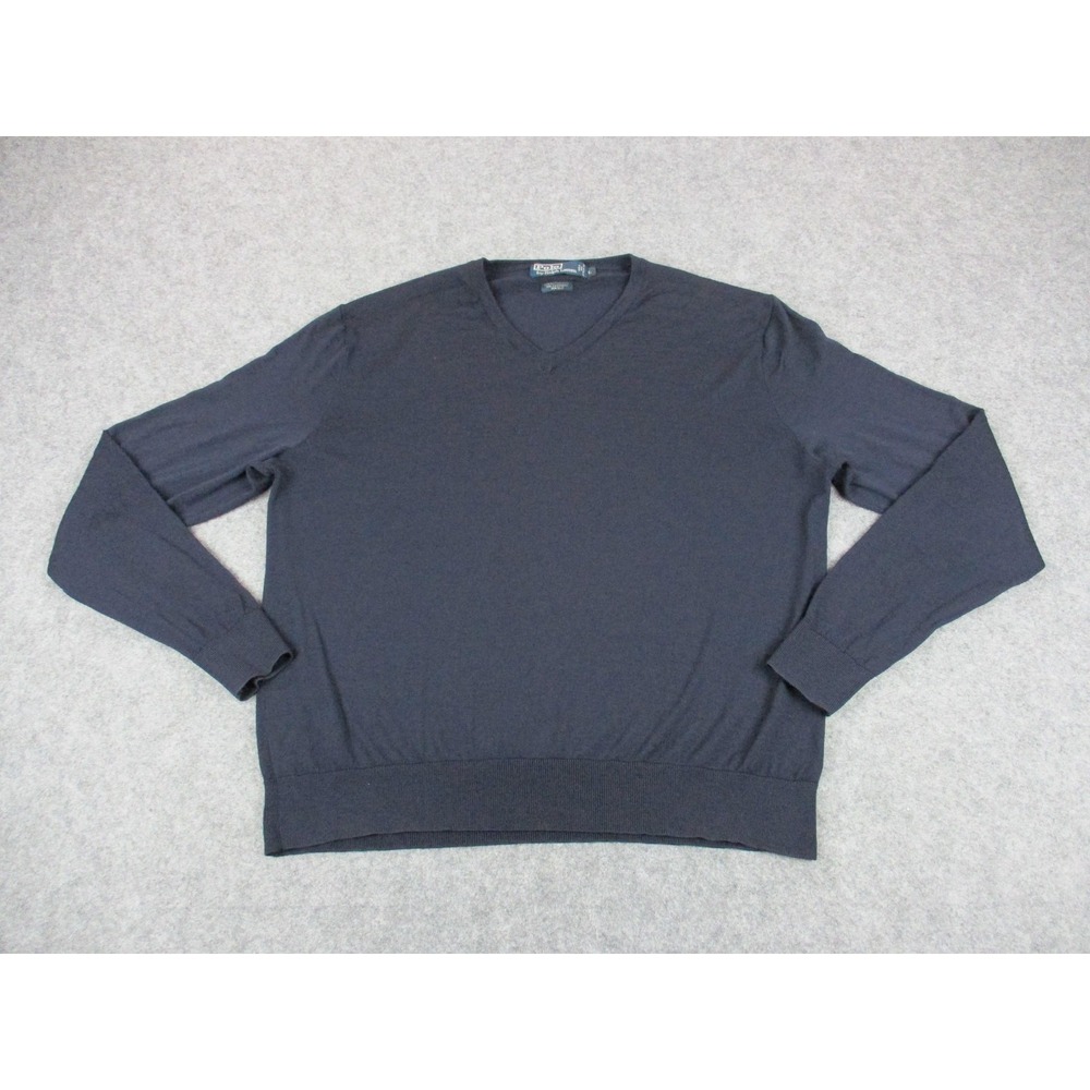 Polo Ralph Lauren Shirt Mens Large Blue V Neck Long Sleeve Merino Cashmere Silk